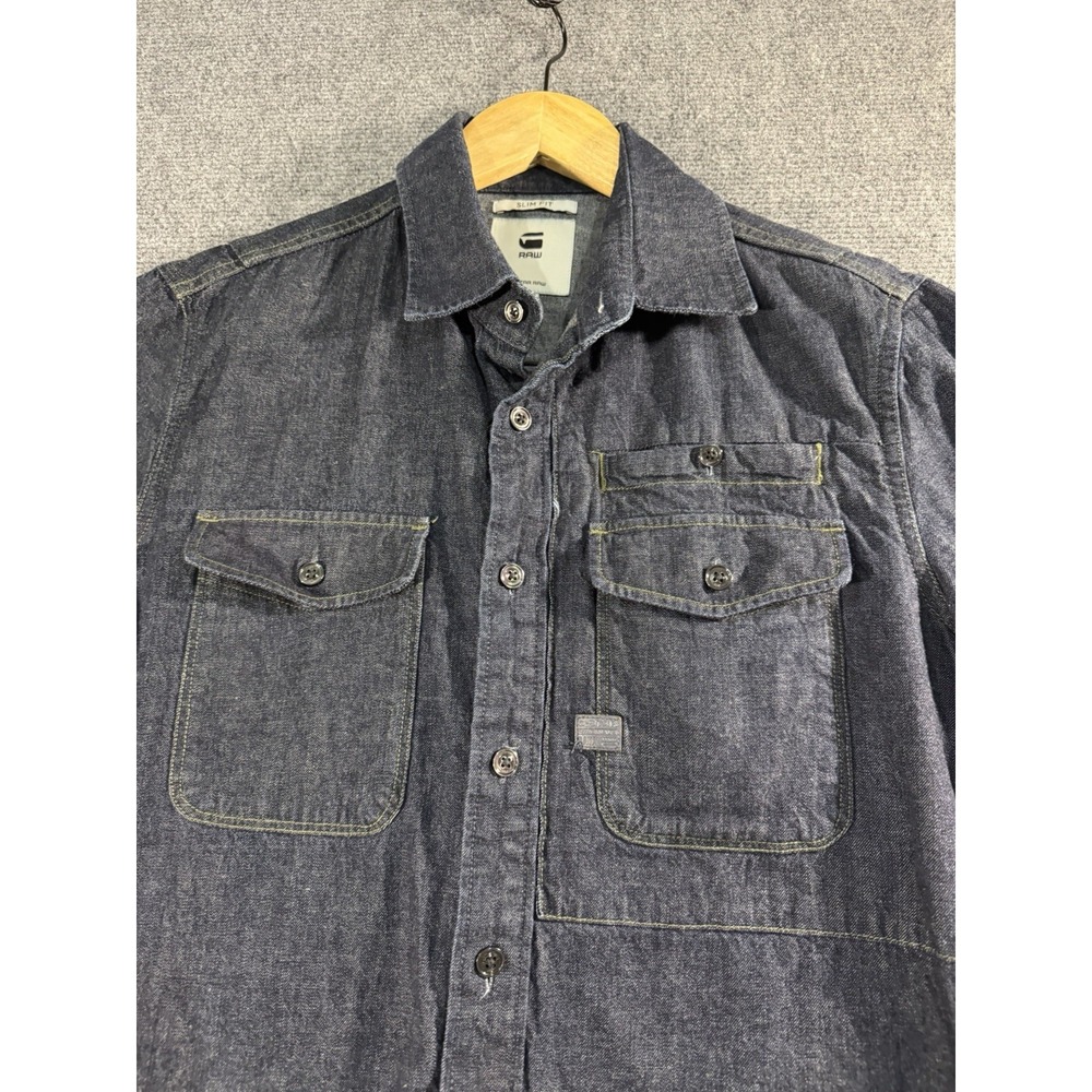 G Star Raw Landoh Shirt Mens M Denim Indigo Blue Slim Fit Long Sleeve Western